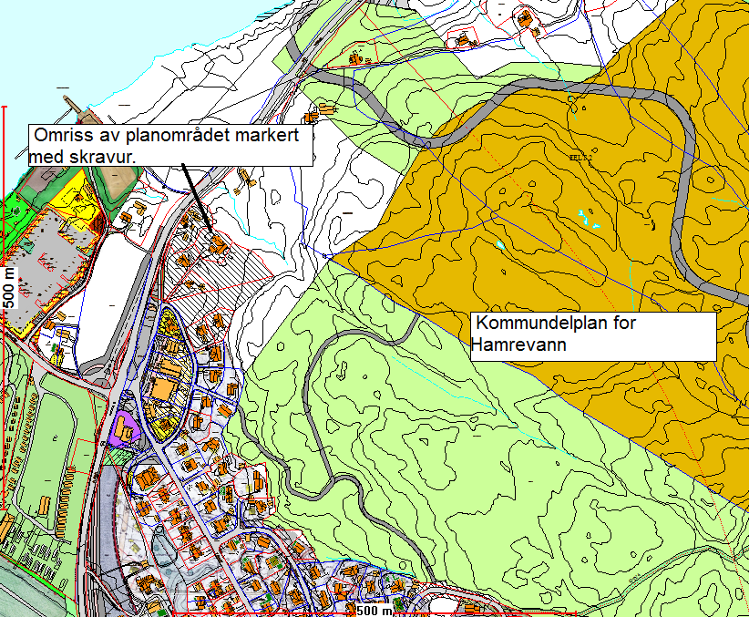Planområdet vist med kommunedelplanen for Hamrevann, plankart alt.2 lagt på - Reguleringsplan - Detaljreguleringsplan for Hamresanden senter, vedtatt 24.09.