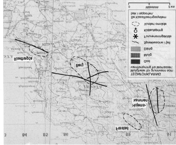 Fig.1. Utsnitt av kartblad (M711) 1622-II Frosta og 1622-III Leksvik, som viser vurderte områder for grunnvannsuttak fra fjell med inntegning av større sprekkesoner i vestre del av Frosta.