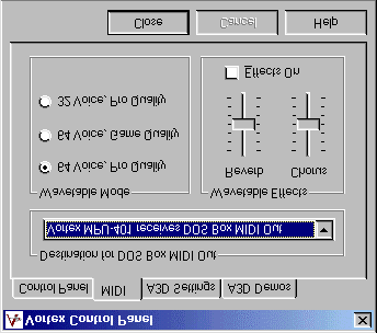 5.1 Endre MIDI-innstillingene Hvis du klikker på kategorien "MIDI", ser du skjermbildet i figur 9. Du kan stille inn følgende: Hvilken MIDI-enhet som skal brukes til programmer i et DOSvindu.