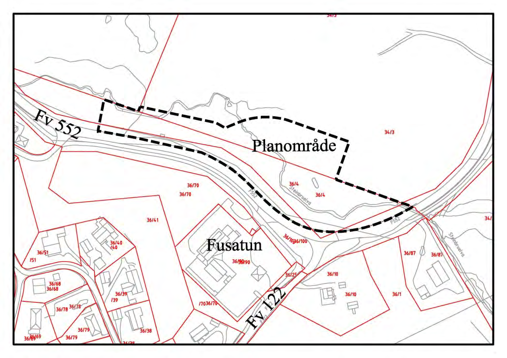 Figur 5: Oversiktskart som viser lokalisering av planområdet, vist med raudt stipla omriss. 5.2 Avgrensing Planområdet er i sør og aust avgrensa av Fv 552.