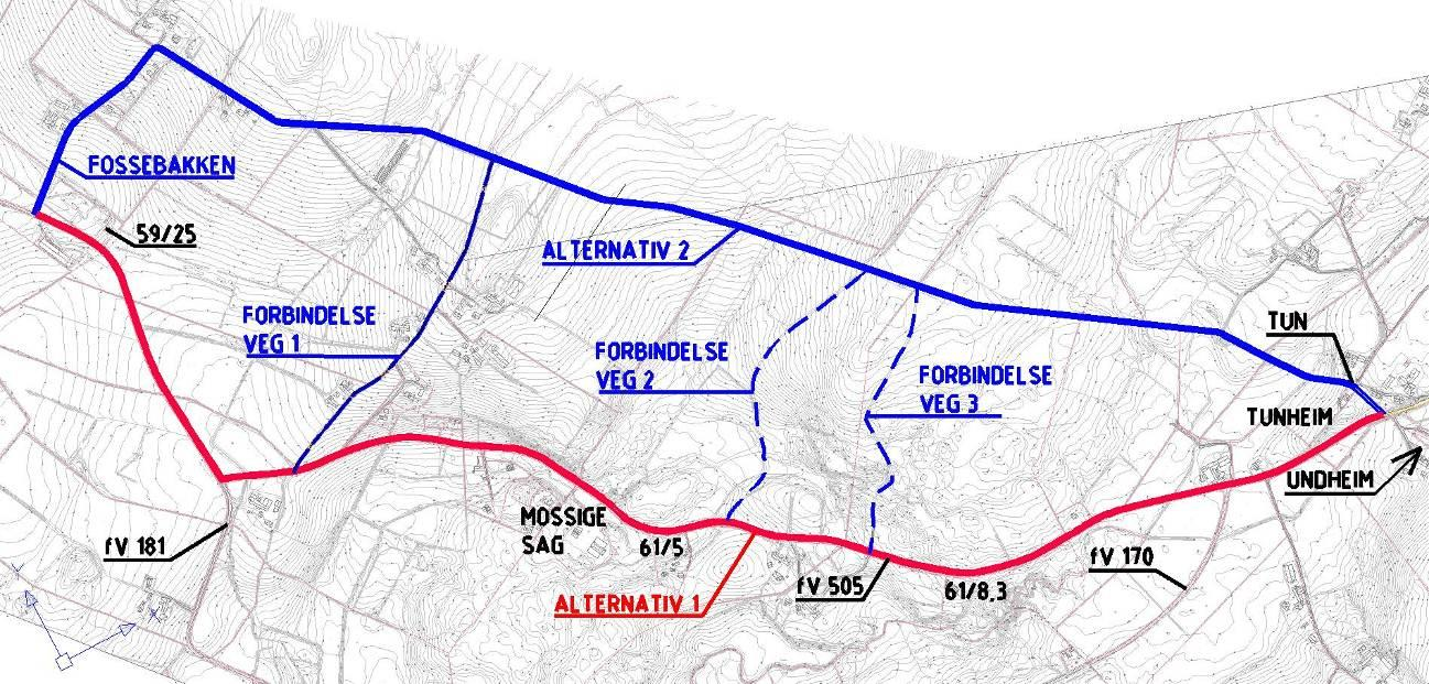 2 Beskrivelse av alternativene Alternativ 1. Total lengde 4321m Alternativ 1 følger fv505 på østsiden til kryss fv505/fv181, den krysser så i plan og følger sørsiden av fv505 frem til Tunheim.