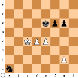 Altså: 1 g4+ Kh4 2 Lh6! Det truer nå matt på h2 samtidig med at svarts dame står i slag. Svarts svar er derfor tvunget: 2 Dxh6 3 Dh2+ Kg5 4 Dd2+ Sf4 5 Dd8 matt!