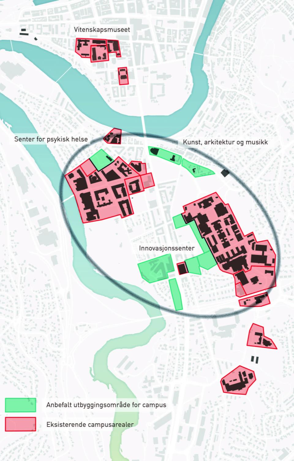 Anbefalt utbygging I området Elgeseter Øya Gløshaugen Best egnet til å bidra til at NTNU oppfyller sine mål: Best nærhet mellom alle deler av campus Økt konsentrasjon av NTNUs aktiviteter