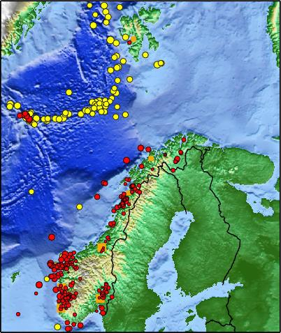 Kartet under viser jordskjelv fra 1979 til i dag. De røde prikkene markerer jordskjelv som er merket av mennesker, mens de gule prikkene er jordskjelv med styrke 4 eller større. Figur 2.