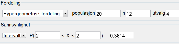Dette er en hypergeometrisk sannsynlighetsfordeling, og jeg bruker sannsynlighetskalkulatoren i GeoGebra. Antall gutter og jenter til sammen, populasjonen, er.