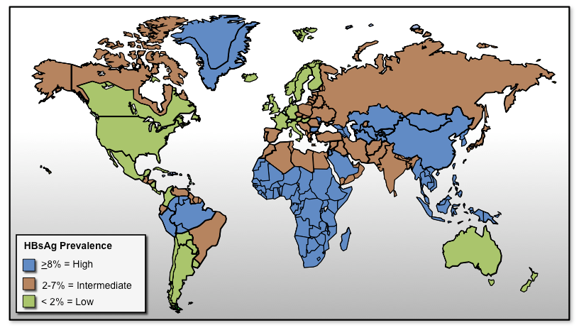 Forekomst av kroniske hepatitt B i verden < 1 % = Very low Kryptovirus