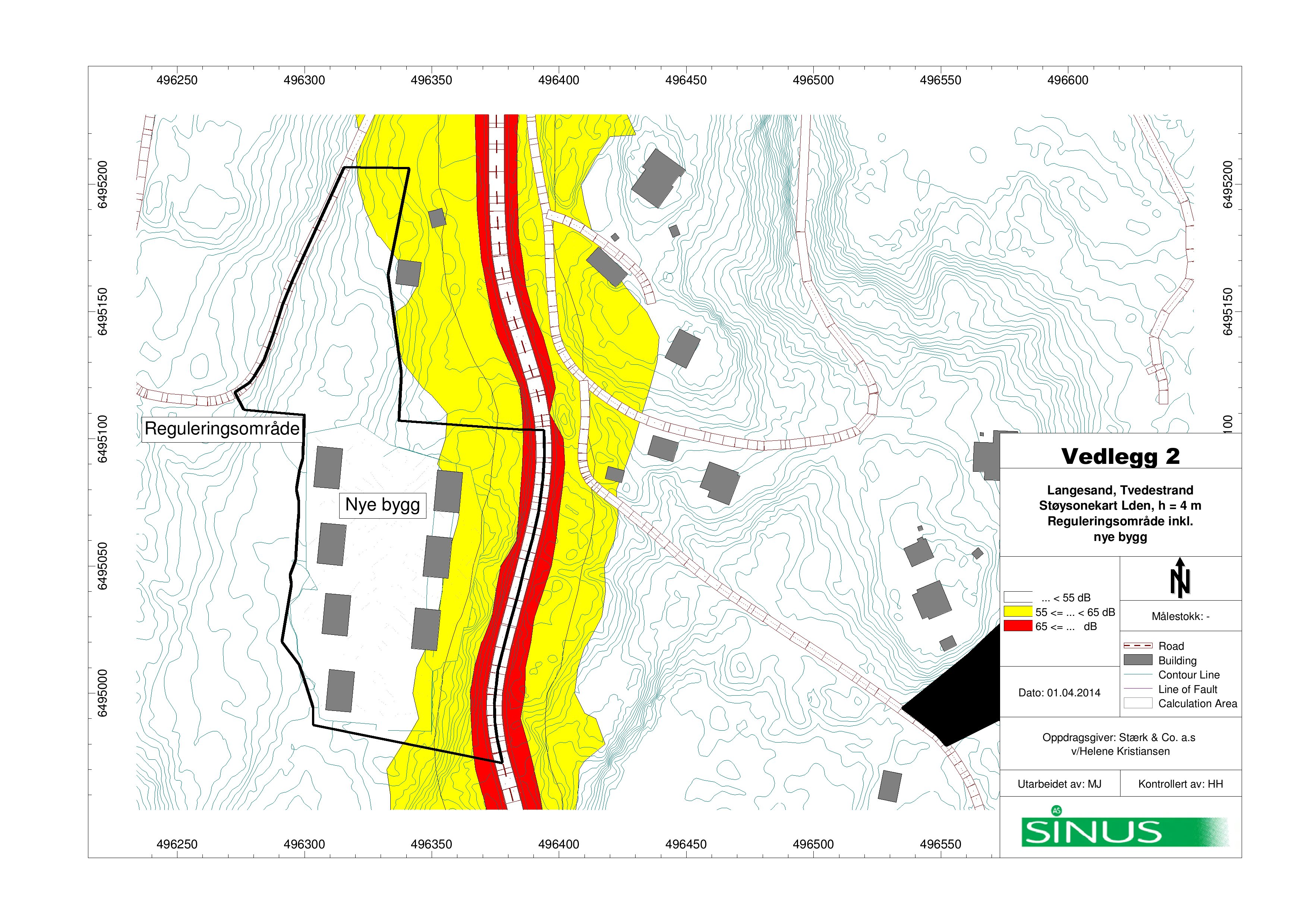 3 3 Reguleringsområde Vedlegg Langesand, Tvedestrand Støysonekart Lden, h = m Reguleringsområde inkl. nye bygg Nye bygg... < db <=... < db <=... db Dato:.