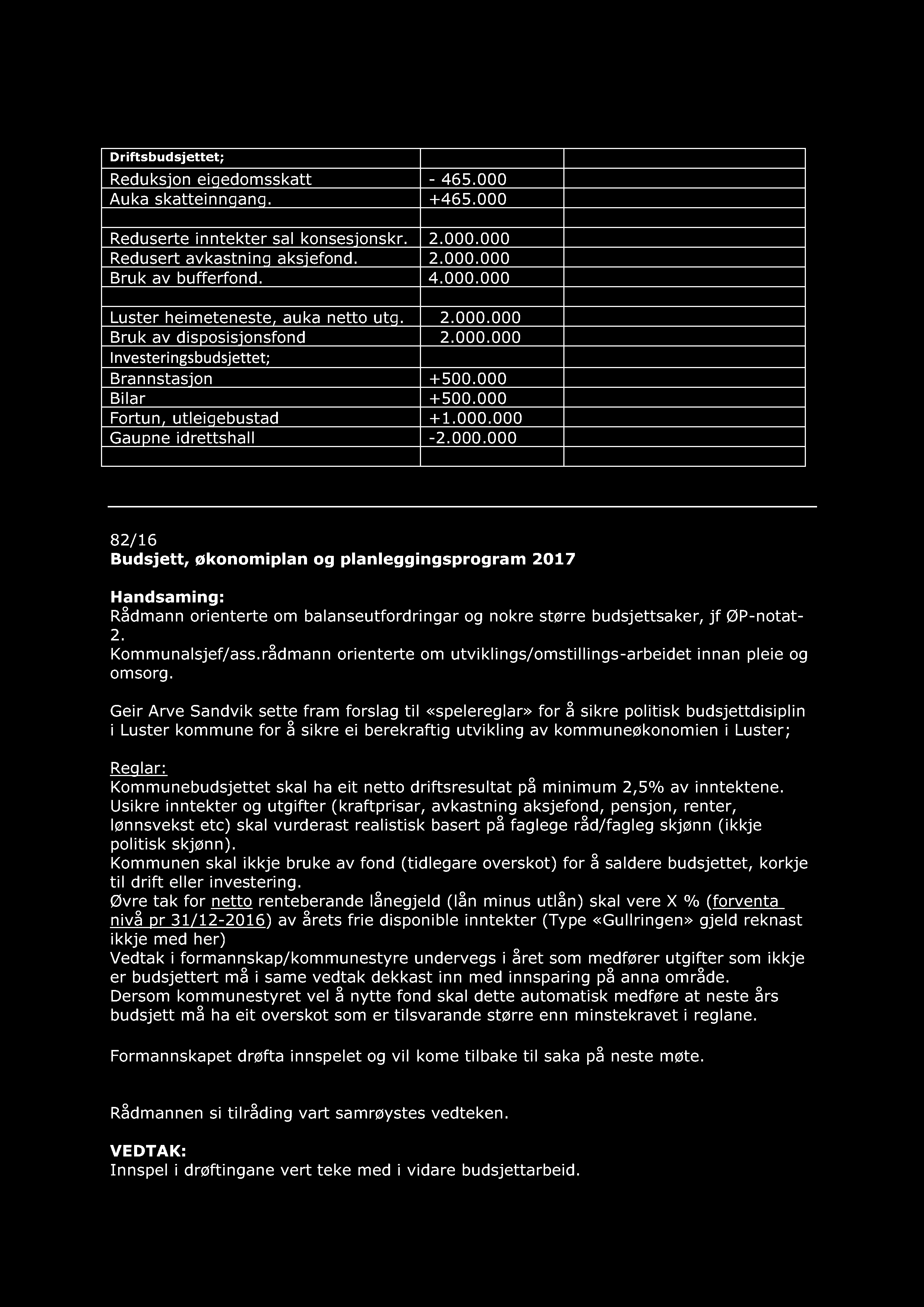 000 82 / 16 Budsjett, økonomiplan og planleggingsprogram 2017 Rådmann orienterte om balanseutfordringar og nokre større budsjettsaker, jf ØP - notat - 2. Kommunalsjef/ass.