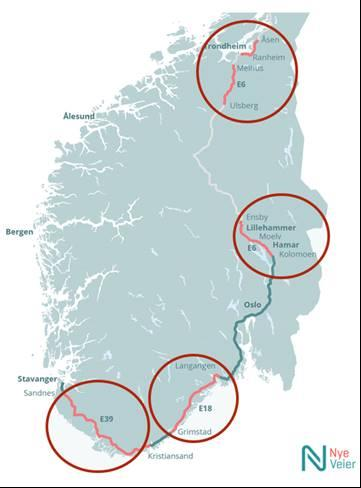 2. Kort om utbyggingene Basert på gamle og nye reisetider som vi har mottatt fra Nye Veier, beregner vi reisetidsbesparelsene for utbygging av E39 i Vest-Agder, ny ringvei rundt Kristiansand,