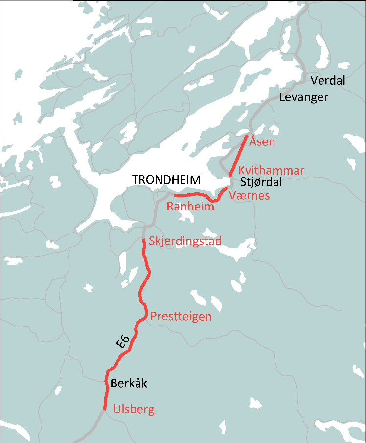 Figur 9: Strekningen Ulsberg Melhus. Kilde: Nye Veier Den nye E6 vil være 4,4 kilometer kortere og er estimert til å ha 17 minutter raskere kjøretid enn den gamle.