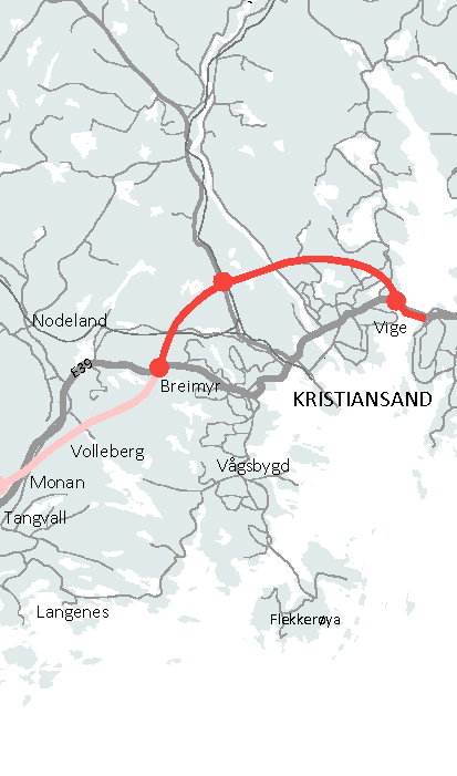 Figur 11: Ytre Ringvei, Kristiansand. Kilde: Nye Veier Strekningen planlegges som en firefelts motorvei med fartsgrense på 110 km/t. Veien vil av miljømessige hensyn i stor grad legges i tuneller.