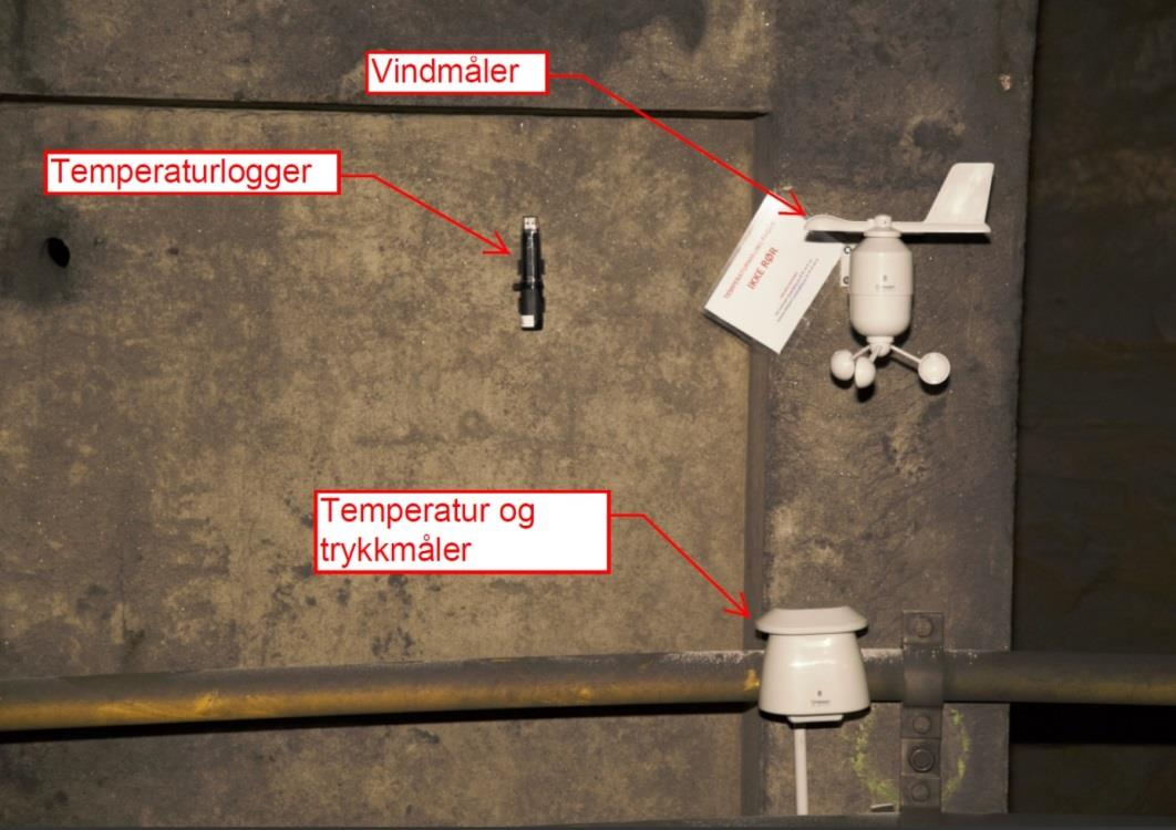 Figur 4-11 - Utplassert utstyr i tunnel Hensikten med å montere temperaturloggerene gradvis innover i tunnelen, er for å få bekreftet om temperaturene blir mer stabile innover i tunnelen.