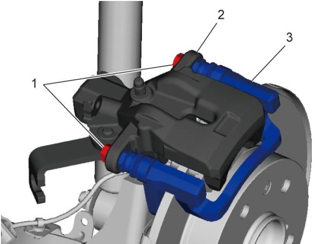 7) Place a container to catch brake fluid from disconnected rear brake flexible hose () below rear brake caliper cylinder ().