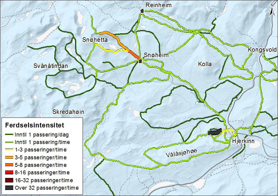 Figur 30. Intensitetskart for de som har svart seg inn i svarkasse på viewpoint SNØHETTA og har gjennomført en eller flere andre turer i Hjerkinnområdet i 2015.