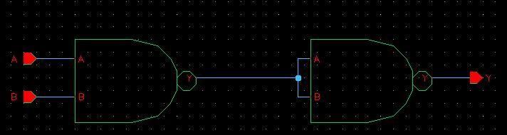 Figur 2.1.1.1: AND2 port satt sammen av 2 NAND2 porter Figur 2.1.1.2: Simuleringsresultater av en AND2 port realisert med NAND2 porter ved 27 o C og V dd = 200 mv (turkis innganger, blå utgang) 2.1.2 OR2 Sannhetstabellen for en OR2 port kan man se i tabell 2.