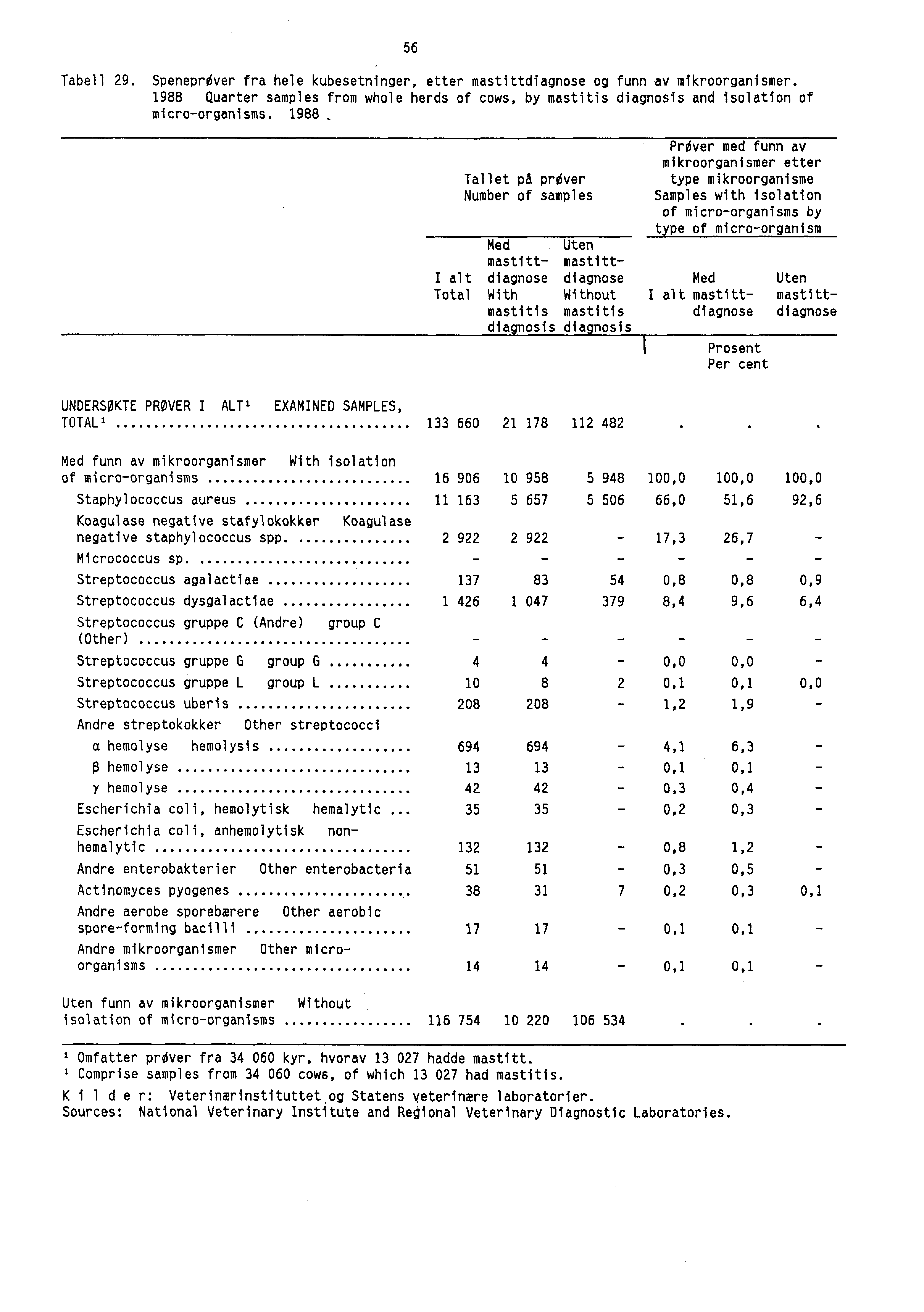 56 Tabell 29. SpeneprOver fra hele kubesetninger, etter mastittdiagnose og funn av mikroorganismer.