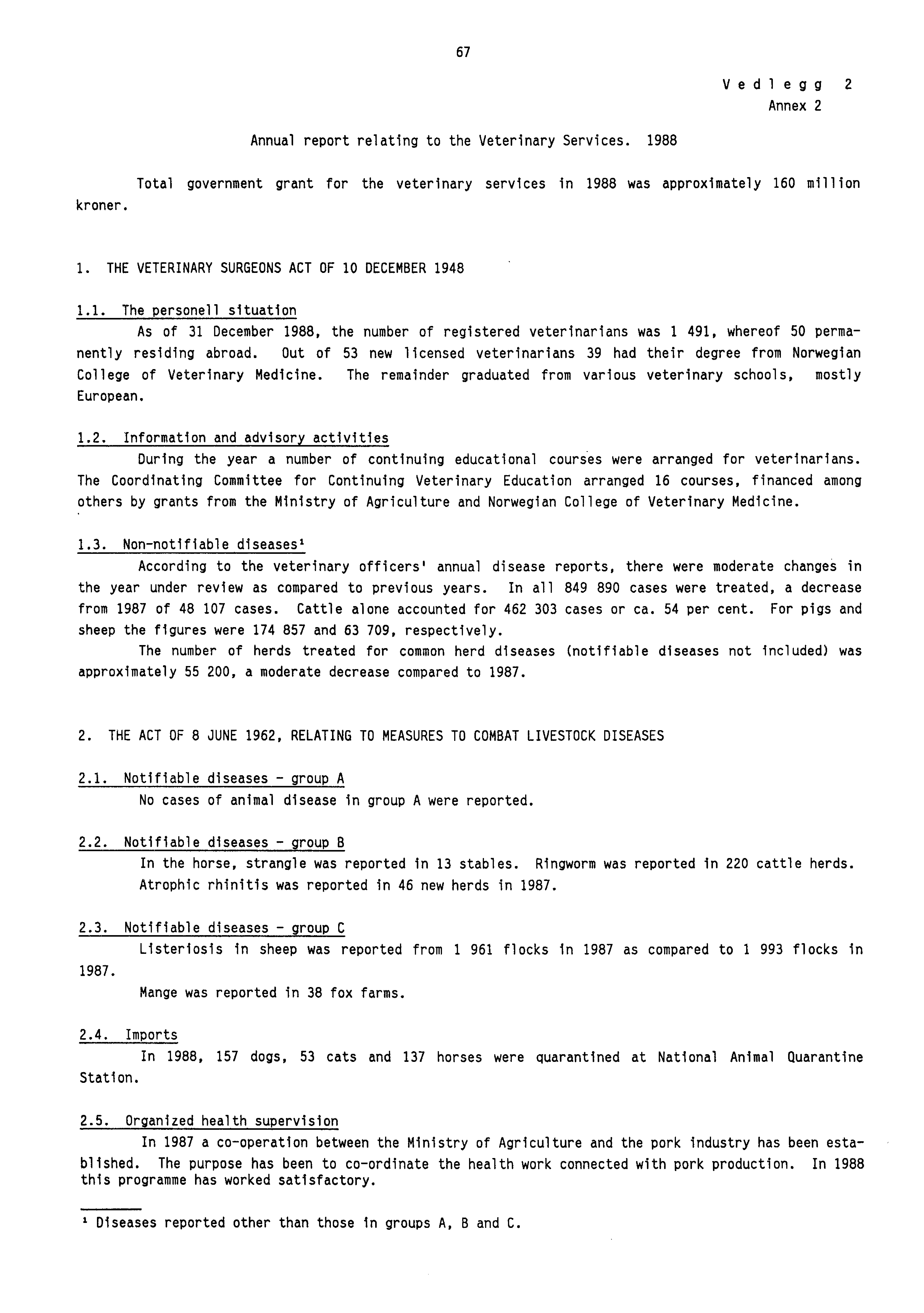 67 Vedlegg2 Annex 2 Annual report relating to the Veterinary Services. 1988 kroner. Total government grant for the veterinary services in 1988 was approximately 160 million 1.