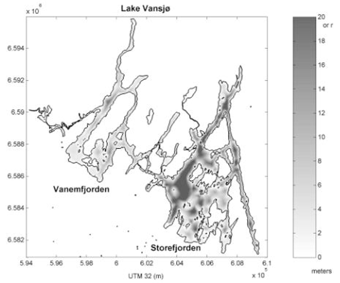 Innsjøen Vansjø Selve innsjøen er 36 km 2 og består av flere bassenger som er skilt fra hverandre av trange sund og grunne terskler (se Figur 2).