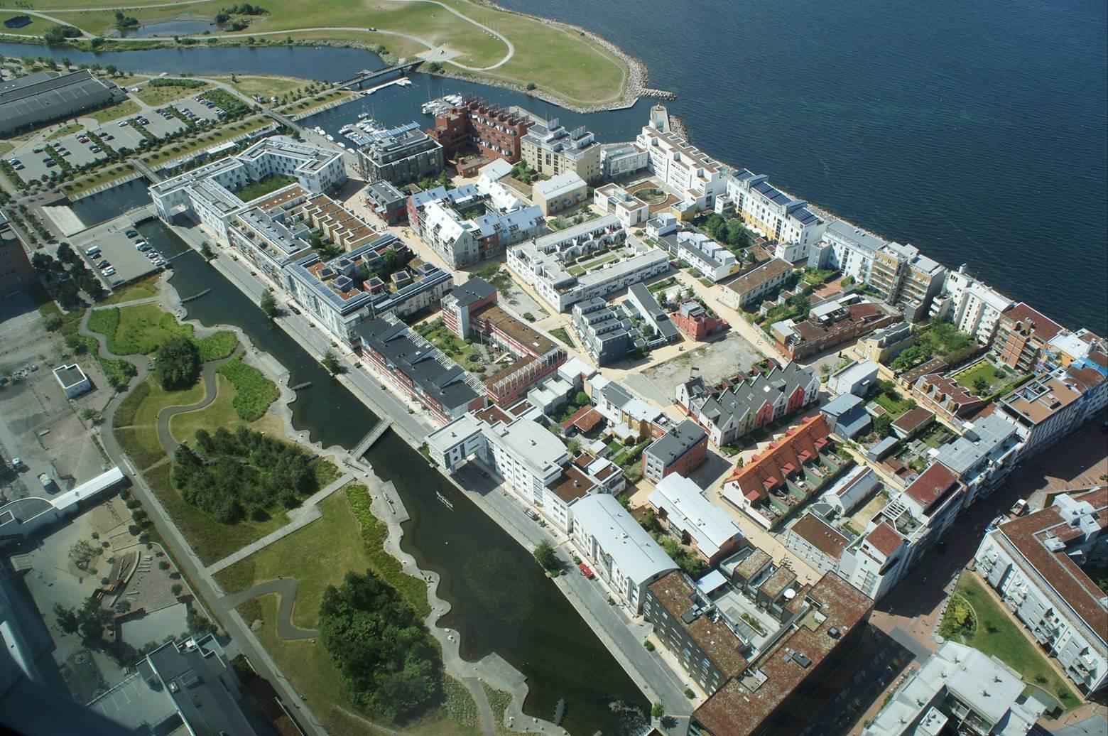 Befolkningsprognose og fortetting forts. Västra Hamnen, Malmø, Sverige. Bustadområde med 5,4 bustader per dekar. Varierte bustadtypar på same areal.