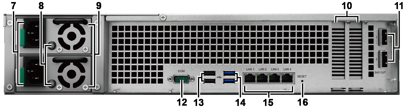 6 Diskskuff Installer disker (harddisker eller SSD-er) her. 7 Strømport 8 PSU-indikator og lydsignal av-knapp Koble til strømledninger her. 1. Viser statusen til strømforsyningsenheten (PSU).