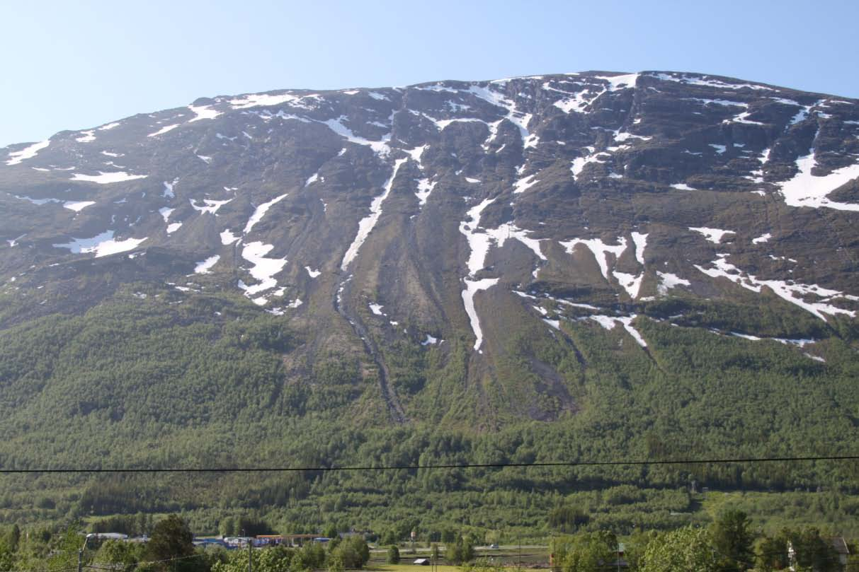 Side: 20 Figur 14 I fjellsida under Halvorsfjellet kan det gå store snøskred og flomskred med utløp ned på innmarka.