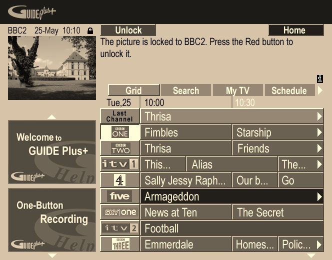 Låse/låse opp videovindu Når du går inn i GUIDE Plus+ systemet, vil kanalen du så på fremdeles vises i videovinduet. Datomerket over vinduet lar deg vite kanal, dato og tid.