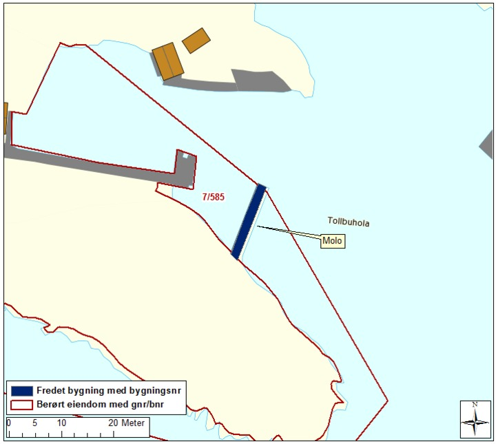 Side 6 MOLO Bygningsnr: Oppført: 1865 AskeladdenID: 175307-5 Referanse i landsverneplanen: Bygning 8019 Fredningen omfatter moloen og inkluderer hovedelementer som konstruksjon, materialbruk,