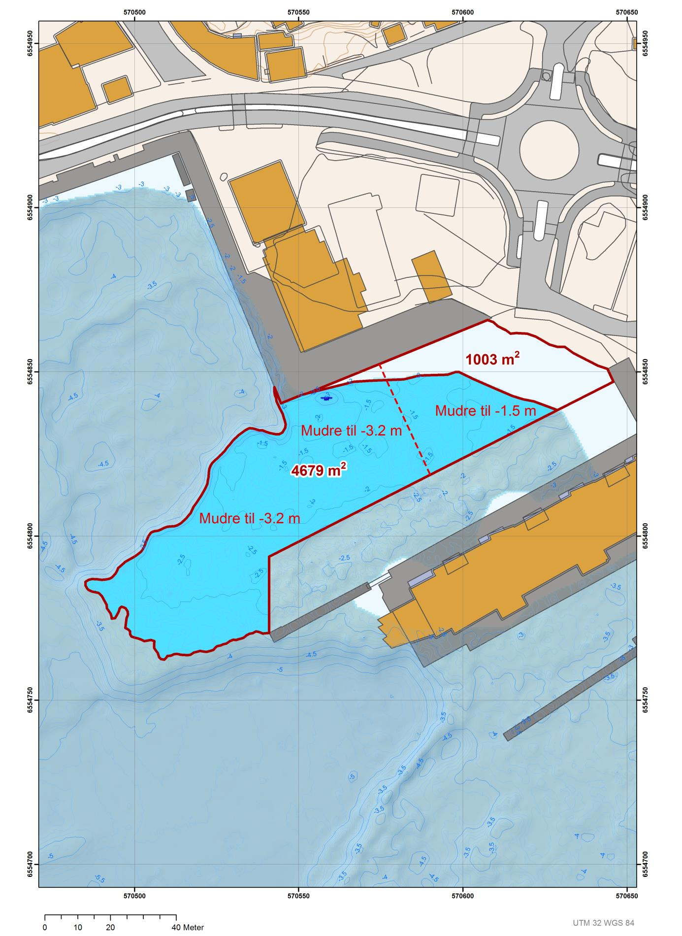 Side 9 av 24 Figur 4 Mudring ved Fiskerikaia. Det skal mudres til -3,2 m, unntatt i det indre området hvor det mudres til -1,5 m.