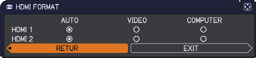 KILDE-meny Punkt VIDEOFORMAT HDMI FORMAT HDMI SPENNV. Beskrivelse Still inn videoformatet for S-VIDEO- og VIDEO-port. (1) Med / knappene velges inngangsport.