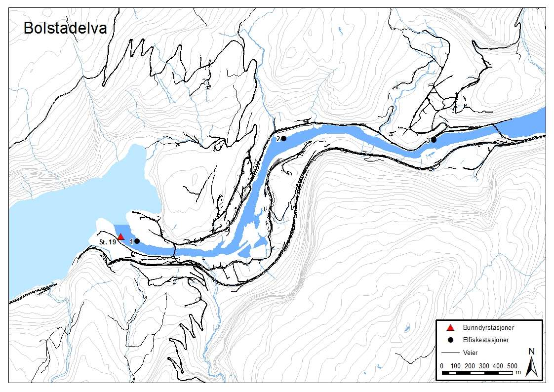 Figur 1. Oversikt over stasjoner for elektrisk fiske og bunndyr i Bolstadelva. 3.1 Vannføring Vannføringsregimet har ikke endret seg i nevneverdig grad etter reguleringen av Bolstadelva (Figur 2).