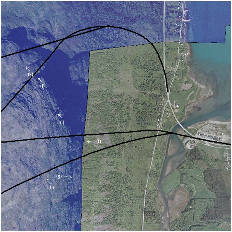 FIGUR 6. FLYFOTO I DET AKTUELLE OMRÅDET FOR DE TRE TUNNELTRASEENE LANGS ØSTLIGE PÅHUGGSOMRÅDE MED INNTEGNEDE LINEAMENTER (f), (g), (h), (i), (j) og (k).