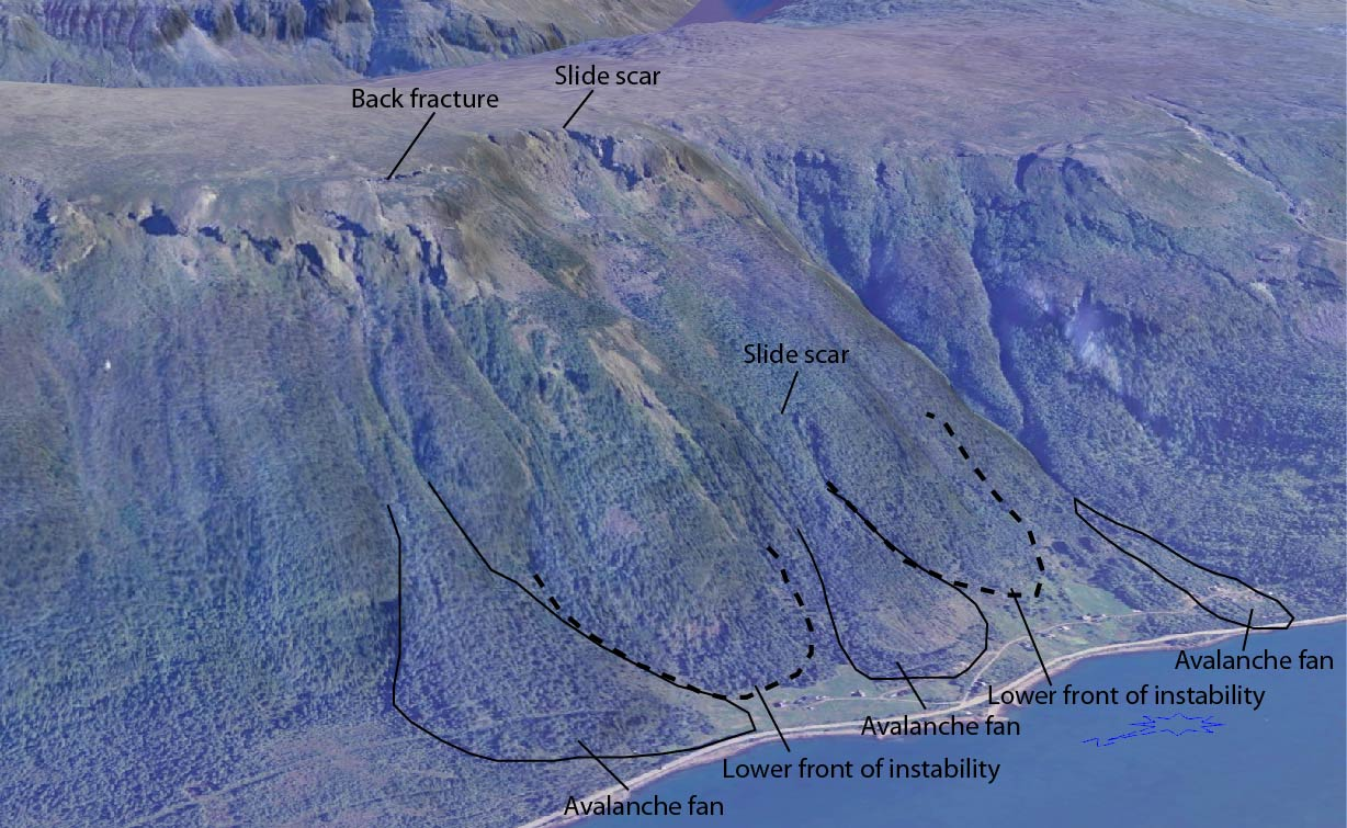 Indre Nordnes Det er påvist store vertikale og horisontale bevegelser langs steiltstående sprekker ovenfor Indre Nordnes (Figur 13). Området er dokumentert i NGU-rapport (Blikra m.fl. 2006).