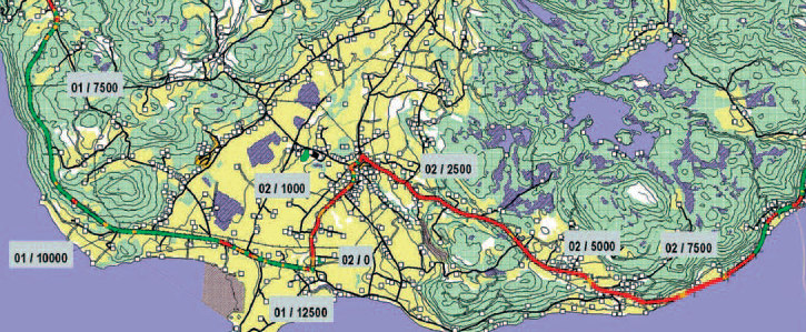 Kapittel 5 Tidligere planleggingsmetodikk Figur 6: Et eksempel på kartfremstilling av RV 717 i Sør-Trøndelag analysert med TAV.