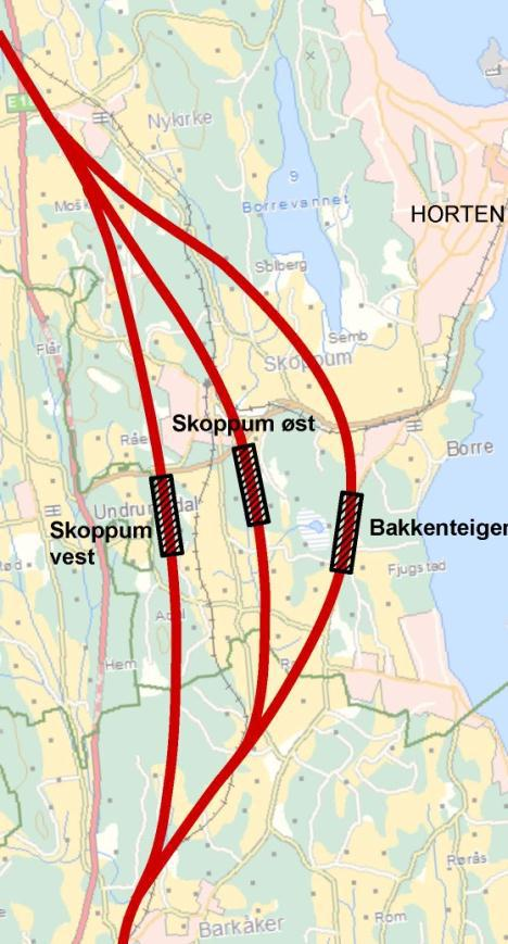 Dobbeltspor Nykirke - Barkåker Tre korridorer fra KVU for IC Fire alternativ I hht