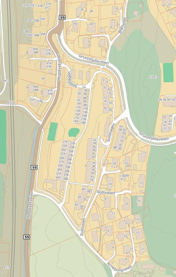 3.4.2 Sollihagen/Grunnfjellsveien vest og Hogstvetveien sør Det er gjort et grovt anslag av ÅDT i vestre del av Grunnfjellsveien i forbindelse med trafikk til/fra Sollihagen boligområde.