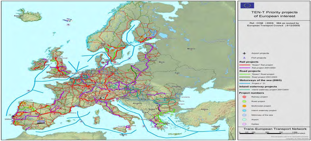 Grensekryssende infrastruktur Transeuropean network -programmet 2020 Revidert program - 30 prioriterte prosjekter - Vridning øst-vest + jernbane