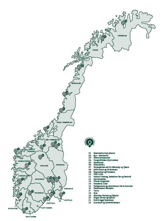 1. Bøensætre med plasser (Aremark) 2. Øya Nordre Eik (Nannestad) 3. Nordmarksplasser (Oslo) 4. Vangrøftdalen- Kjurrudalen (Os) 5. Nordherad (Vågå) 6. Steinssletta (Hole og Ringerike) 7.