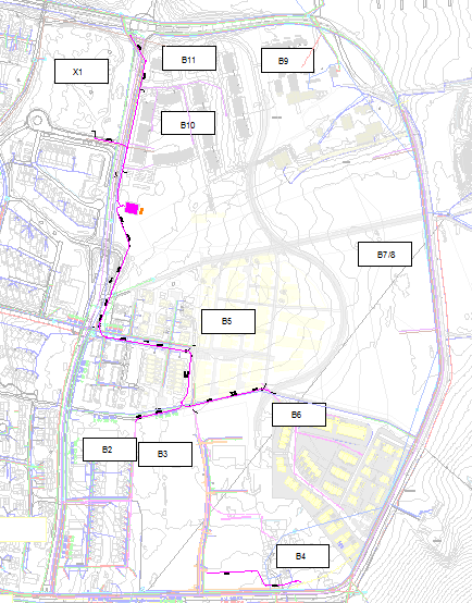 6 Figur 2 Foreslått trase for hovedsugeledninger (heltrukket magenta linje) med avfallsugsentral som magenta