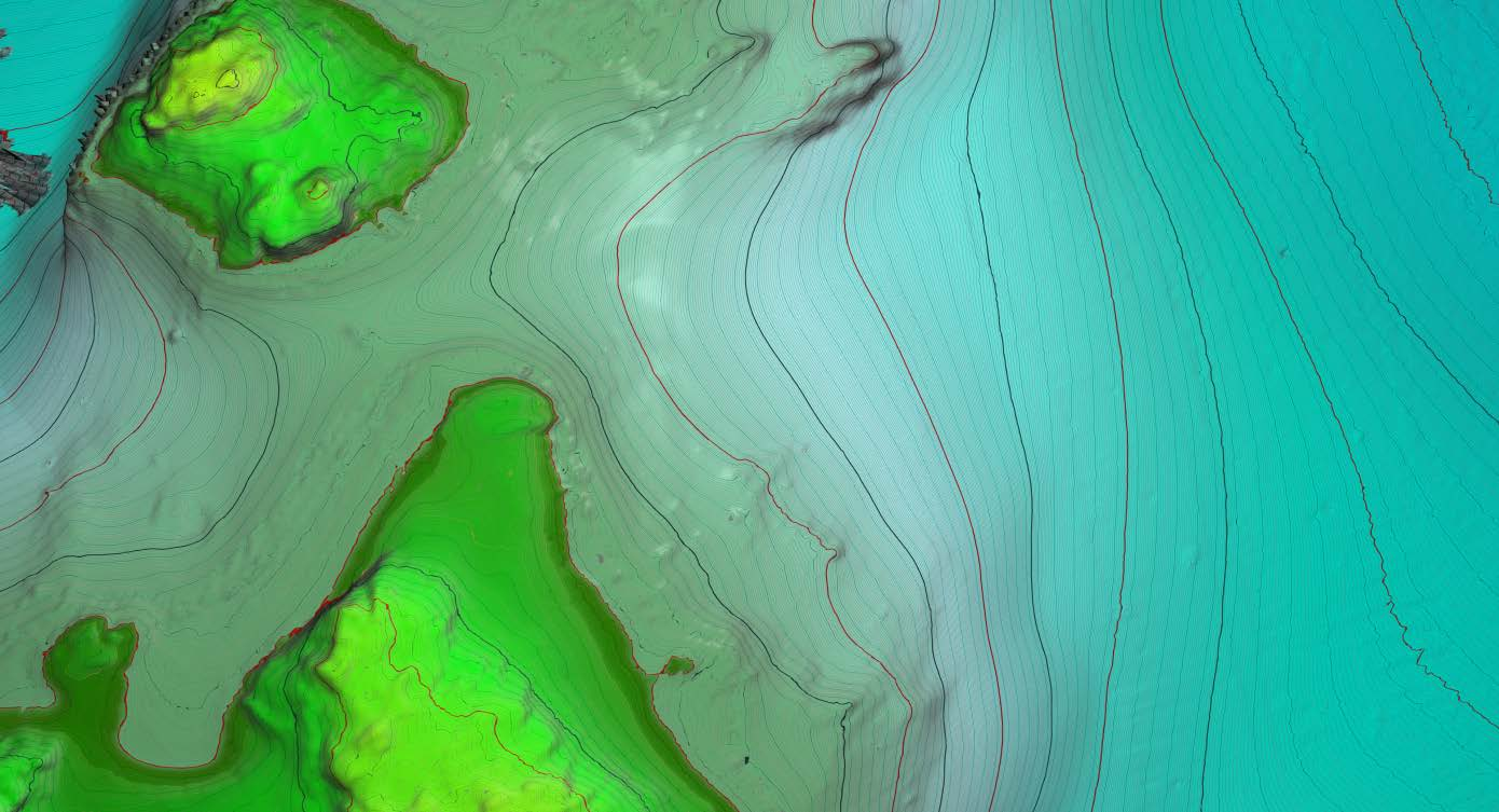 Topografi er terrengforhold på land. Batymetri skildrar forholda under vatn. Bilete vis ein topobaty-modell frå testområdet i Hafrsfjord, der multistråleekkolodd-data og LiDAR-data er sydd saman.