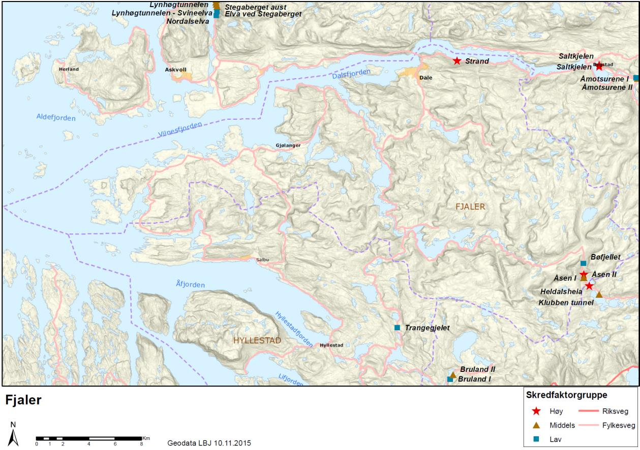 Figur 4: Kart med skredpunkt i Fjaler. Statens vegvesen, Region vest «Skredsikringsbehov for riks og fylkesvegar».