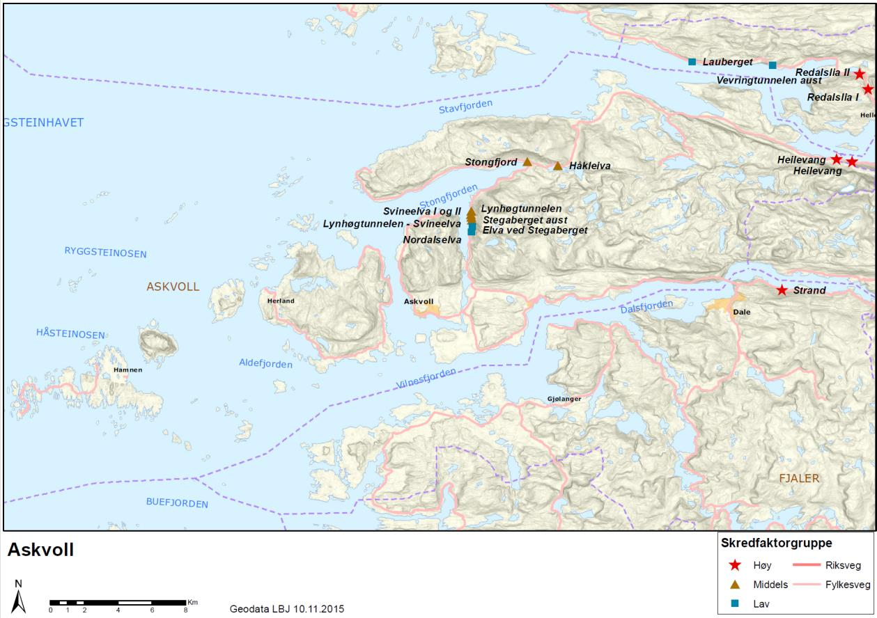 3.3 Delstrekning 3 Dalsfjordbrua-Grov (rv. 5) I delstrekning 3 er det to hovudalternativ, ytre alternativ (raud linje) og indre alternativ (grøn linje).