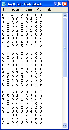 Oppgave 2 (20%) Fyll Sudokubrett med tall fra fil I oppgave 1 skulle du lage et tomt Sudoku-brett. De som har løst Sudoku før vet at brettene skal komme med noen forhåndsutfylte tall.