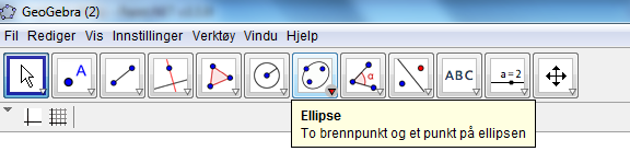 NIVÅ F Læreren har tegnet en avlang «sirkel», d.v.s. en ellipse. Avstanden fra et hvert punkt på ellipsen til pælene (egentlig: brennpunktene) er alltid to meter til sammen.