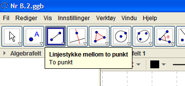 1 (Dynamisk geometri): Vi tegner en linje, men setter på to punkter som viser hvor linjestykket starter og slutter. FORKLARING Vi gjør akkurat det samme som i B.