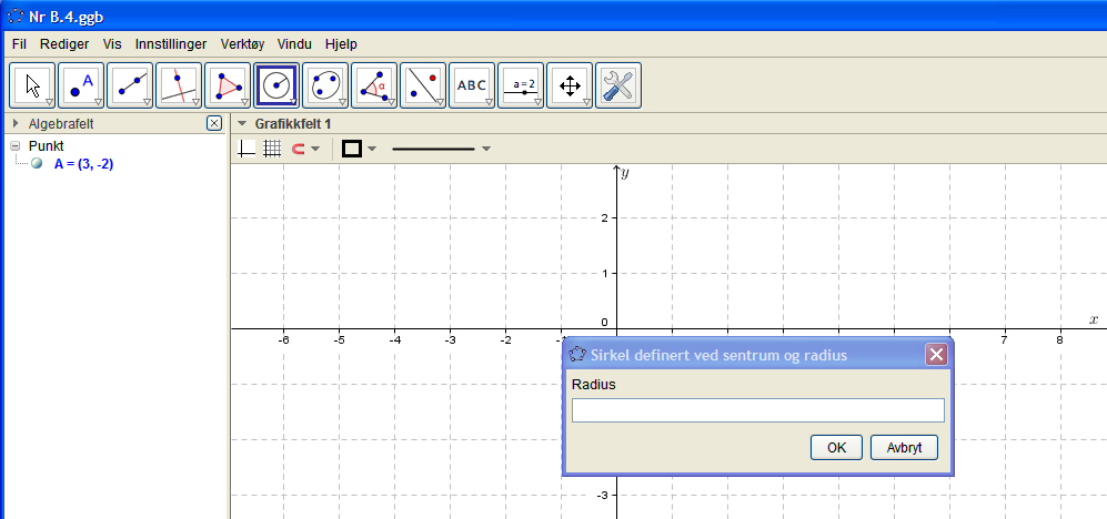 NIVÅ B Vi skriver nå inn 4.0 som verdi for radien. (Legg merke til at vi bruker den amerikanske måten å skrive komma på: Et punktum.