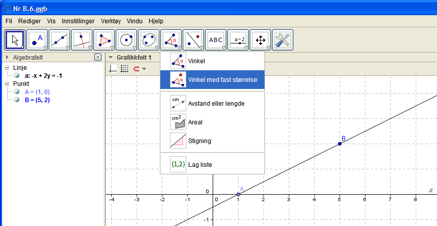 NIVÅ B B.6: Kunne tegne en oppgitt vinkel. Eksempel-oppgave: Tegn en linje som går gjennom punktene A: (1,0) og B: (5,2). Tegn en 55 -vinkel i A med AB som høyre vinkelbein.