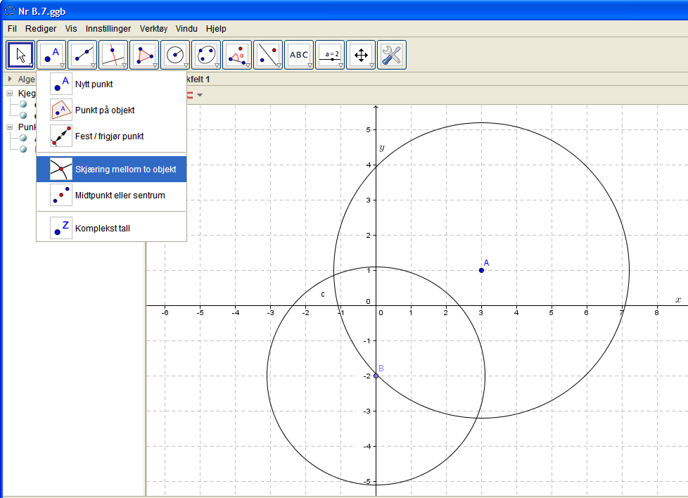 NIVÅ B B.7: Finne punkter som ligger i gitte avstander fra to punkter. Eksempel-oppgave: Finn de punktene som ligger 4,2cm fra A (3,1) og 3,1cm fra B (0,-2).