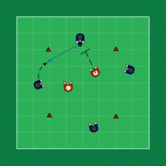 4 mot 2 box 6 spillere, ca.10x10m bane. Spill 4 mot 2, angrepsspiller utenfor firkant, forsvarsspillere inne. Pasninger gjennom firkanten. Bytt roller etter 1-2 minutter.