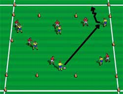 Spill 4 mot 4 med 2 mål (porter) bredt i banen. Scoring ved å føre ballen kontrollert gjennom porten.
