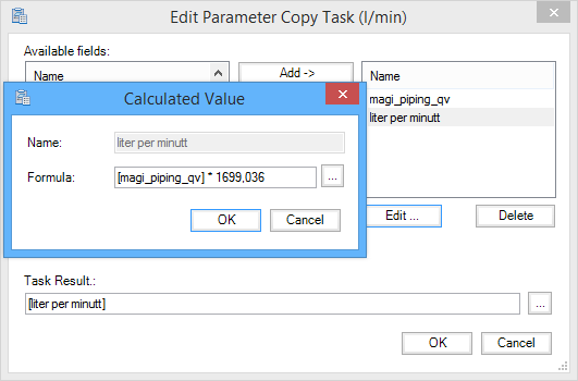 For oppdatering av l/min-parameteren må oppgaven med samme navn i NTItools kjøres. Denne regner om verdien for magi_piping_qv til l/min.